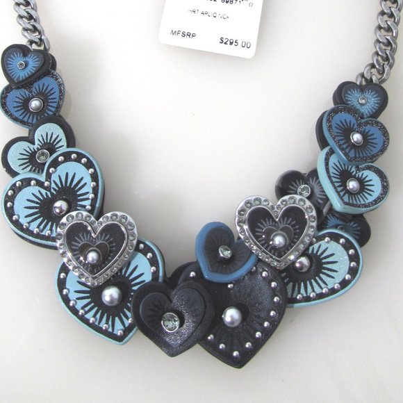 Coach $300 Leather SWAROVSKI Crystals Heart Applique 3d Necklace - Picture 1 of 13
